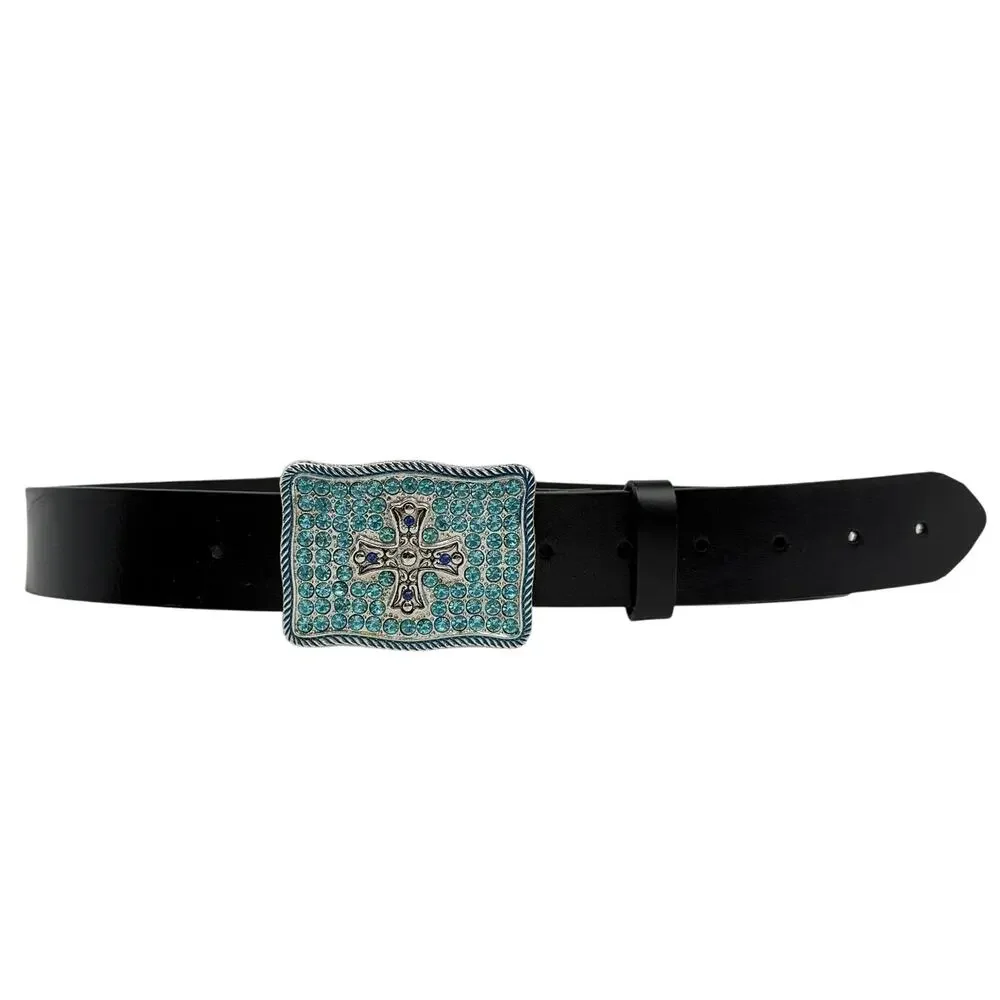 Vintage Express Leather Belt Rhinestone Cross Buckle Y2K Whimsygoth L